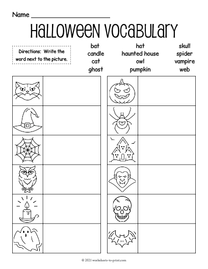 Halloween Vocabulary Worksheet Printable