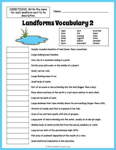 landforms vocabulary worksheet 2