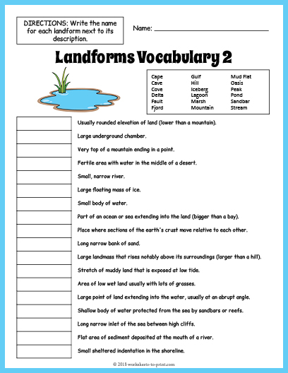 Landforms Vocabulary Worksheet 2