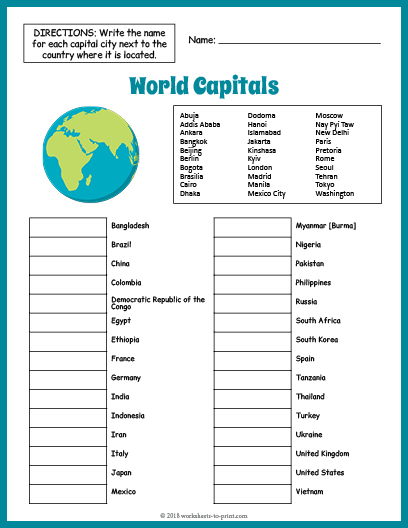 Countries And Capitals Printable Worksheets