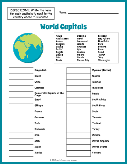 World Capitals Worksheet